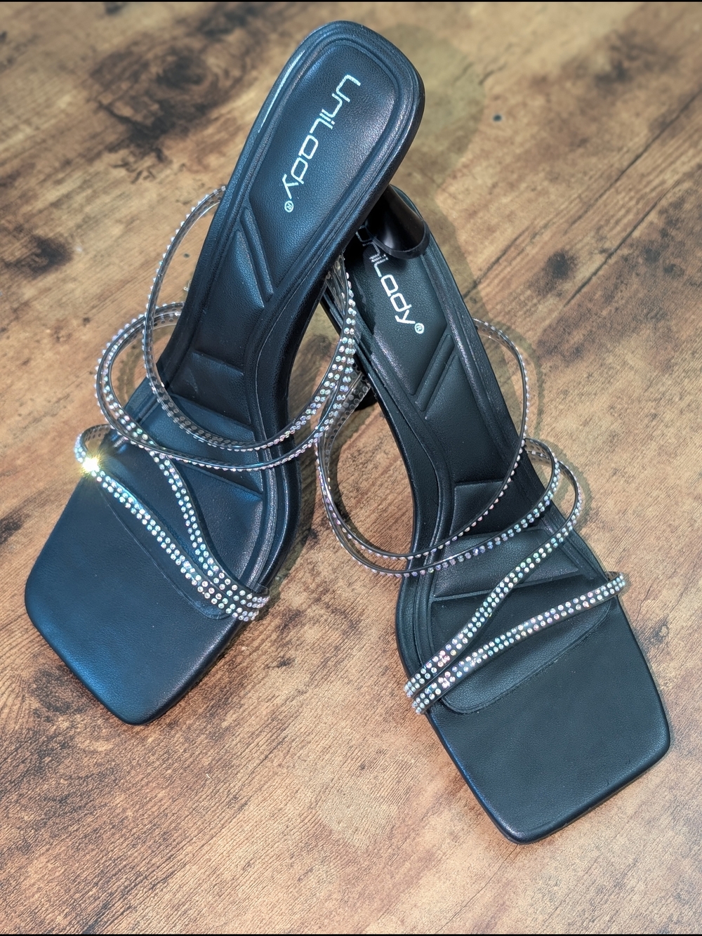 Black Rhinestone Strap Heeled Sandals